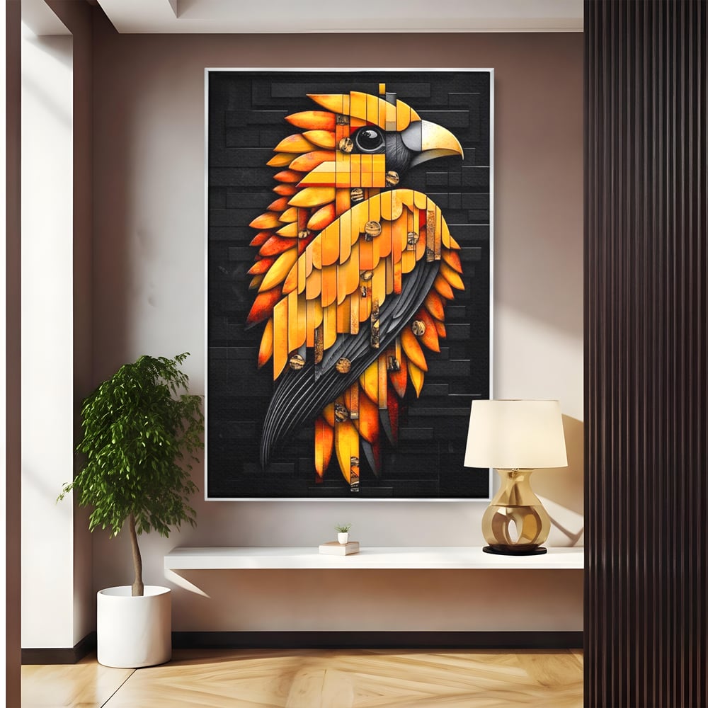 Tablou canvas cu tablou canvas cu pasare geometrica aurie, in rama de aluminiu argintiu